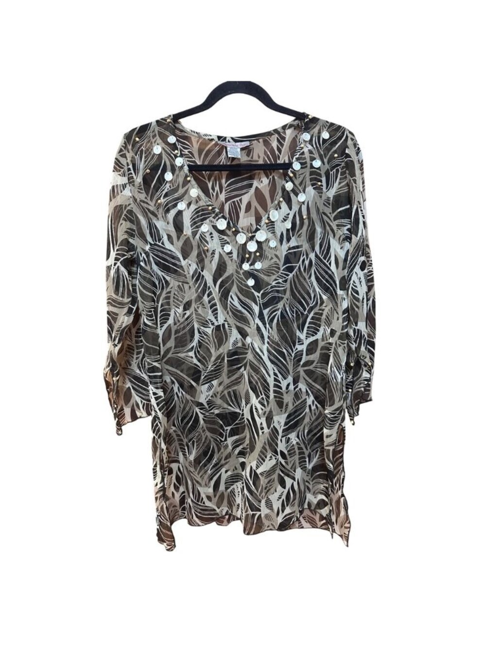 Peppermint Bay Sheer Leaf Print Beach Cover Up Tunic Brown White Shell Bead S‎